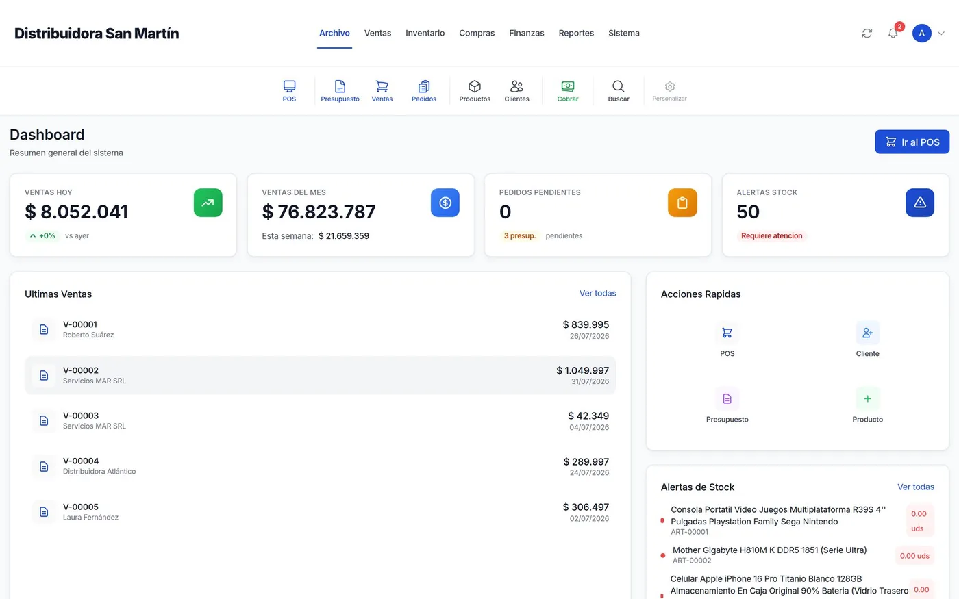 Pantalla principal de Paikan Gestión con ventas, pedidos y alertas