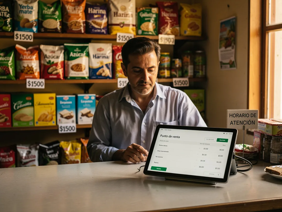 Comerciante usando un sistema de gestión a medida en su local