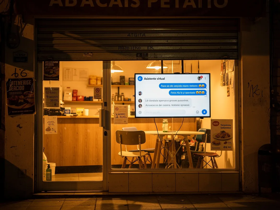 Chatbot con IA atendiendo de noche en un comercio