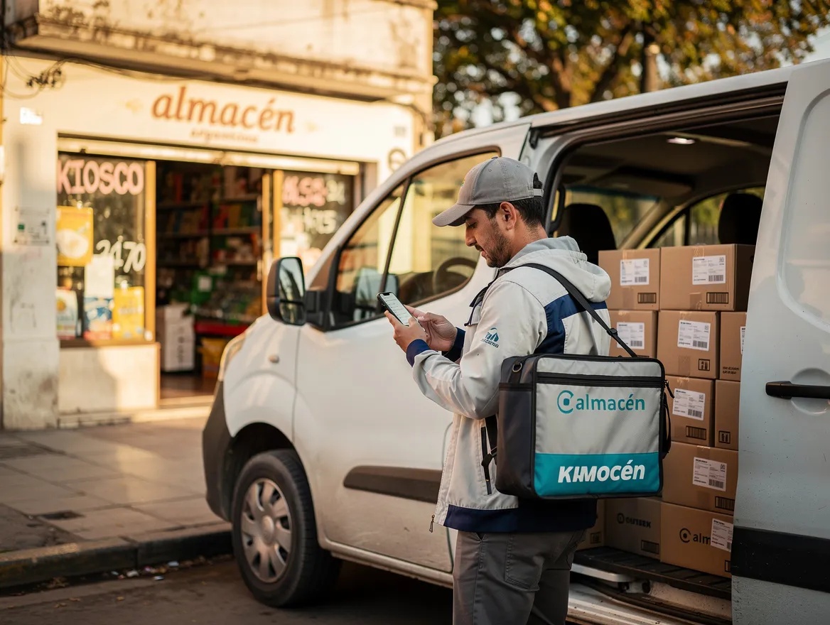 Vendedor usando una app móvil junto a un vehículo de reparto