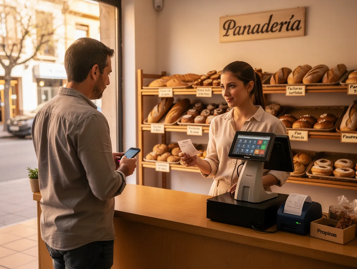 Cajero usando un sistema de gestión con facturación en un comercio argentino