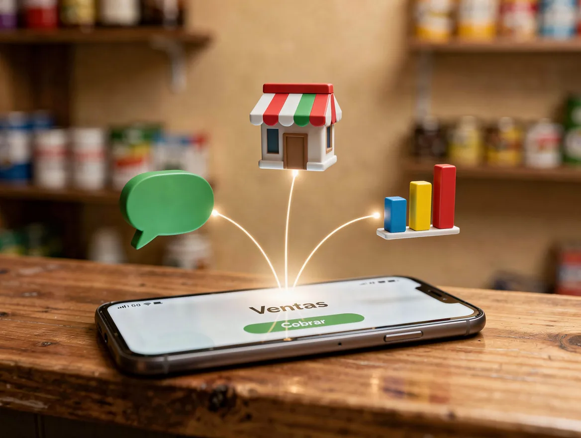 Concepto de automatización conectando WhatsApp, ventas y reportes
