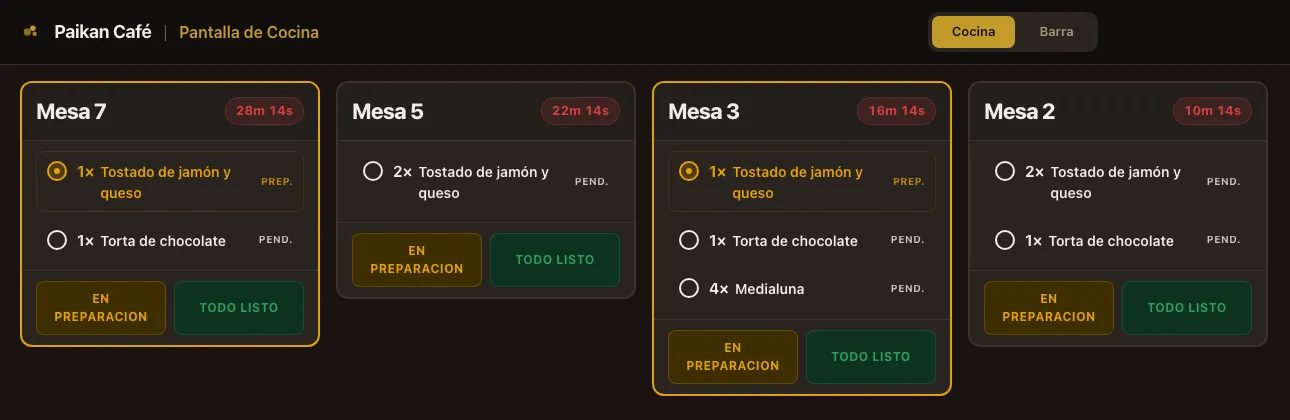 Pantalla de cocina de Cafetería Paikan con los pedidos de cada mesa